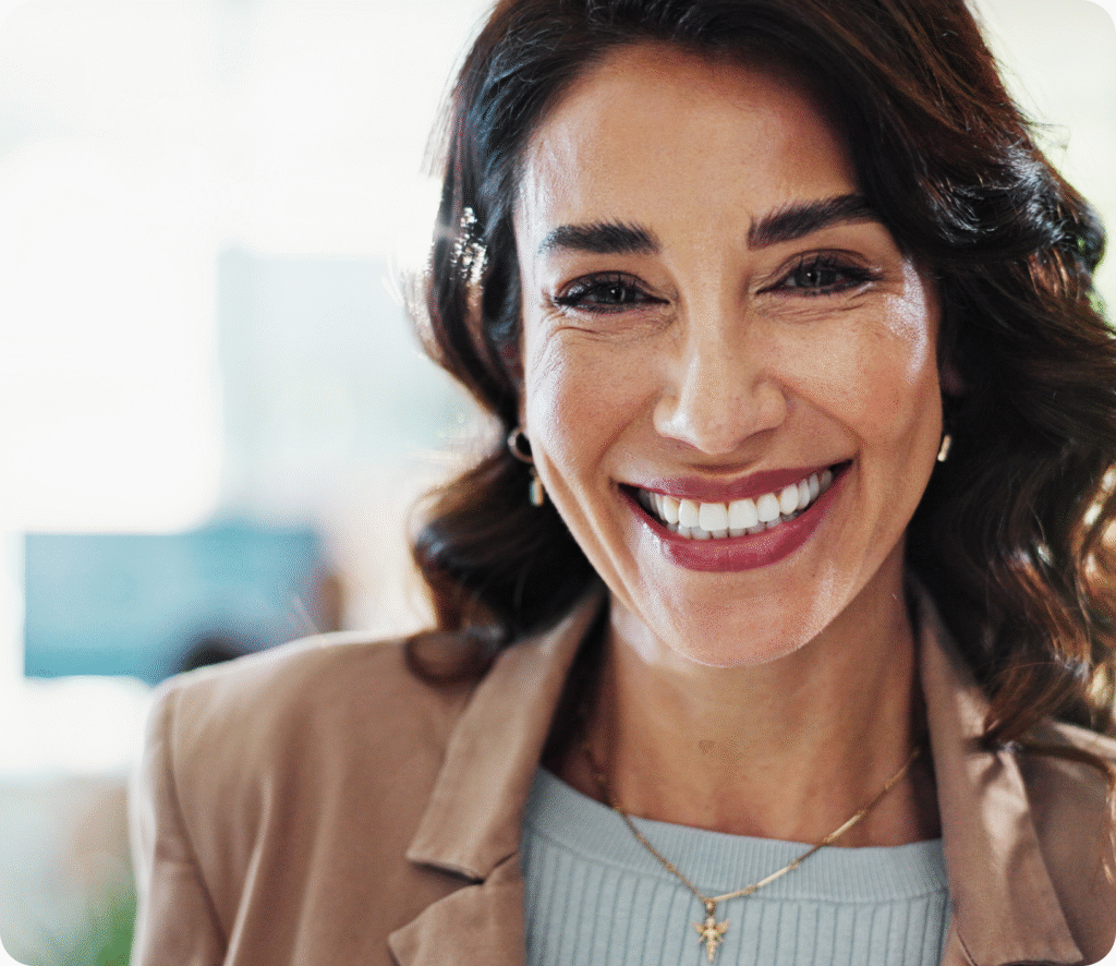 a close-up of a woman smiling